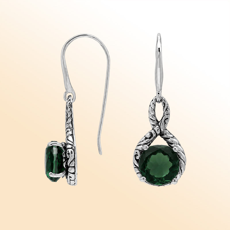 Vintage sterling silver Green Quartz dangle earrings with handcrafted Balinese artisan detailing