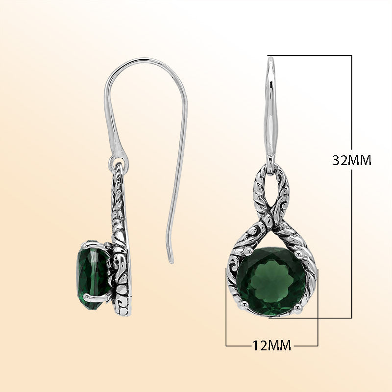 Vintage sterling silver Green Quartz dangle earrings with handcrafted Balinese artisan detailing