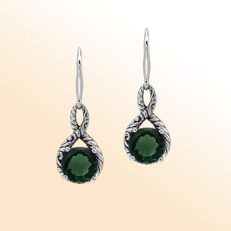 Vintage sterling silver Green Quartz dangle earrings with handcrafted Balinese artisan detailing
