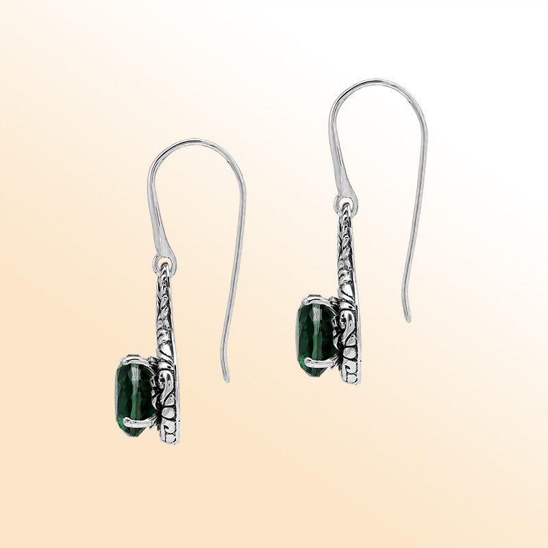 Vintage sterling silver Green Quartz dangle earrings with handcrafted Balinese artisan detailing