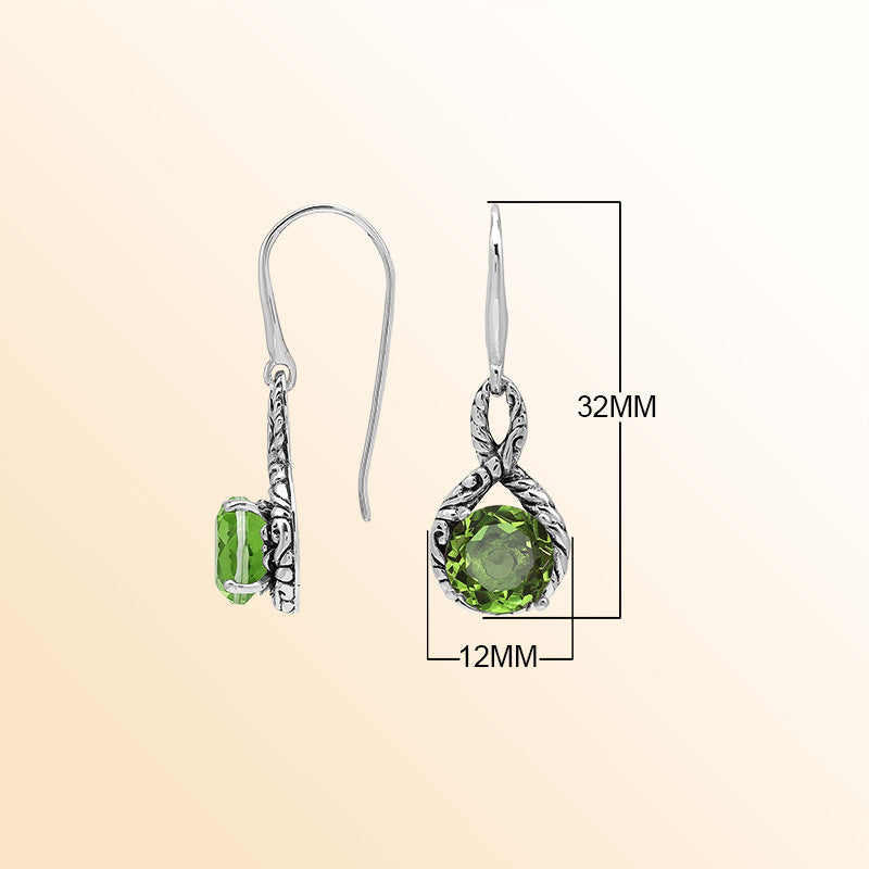 Sterling Silver Peridot Quartz Round Infinity Fresh Harmony Earrings With Balinese Handcrafted Detailing.