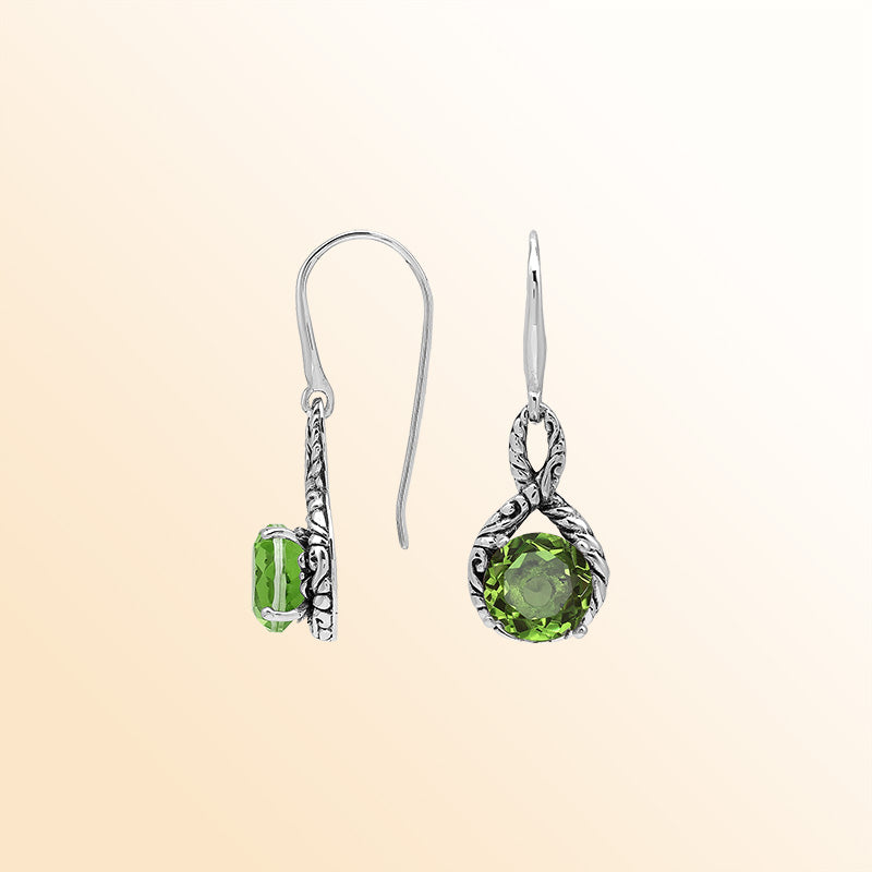 Sterling Silver Peridot Quartz Round Infinity Fresh Harmony Earrings With Balinese Handcrafted Detailing.
