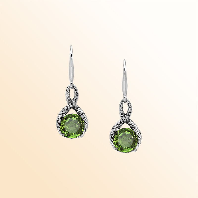 Sterling Silver Peridot Quartz Round Infinity Fresh Harmony Earrings With Balinese Handcrafted Detailing.