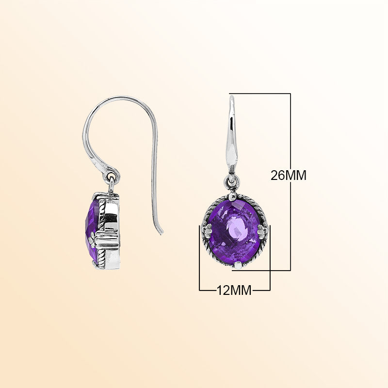 Sterling Silver Amethyst Quartz Oval Rope Radiance Earrings With Balinese Handcrafted Detailing.
