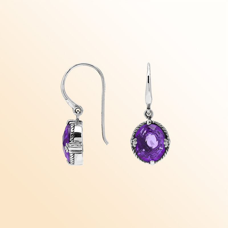 Sterling Silver Amethyst Quartz Oval Rope Radiance Earrings With Balinese Handcrafted Detailing.