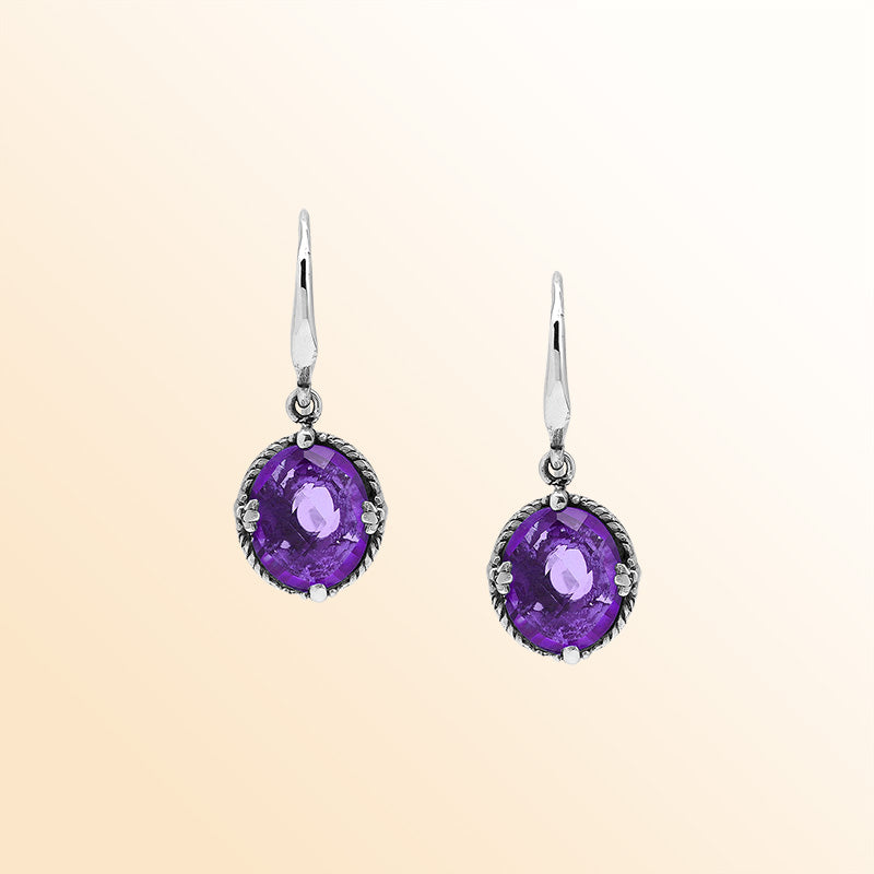 Sterling Silver Amethyst Quartz Oval Rope Radiance Earrings With Balinese Handcrafted Detailing.