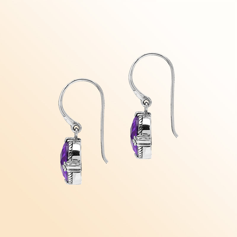 Sterling Silver Amethyst Quartz Oval Rope Radiance Earrings With Balinese Handcrafted Detailing.