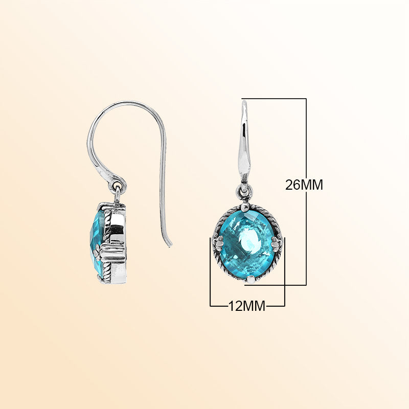 Sterling Silver Blue Topaz Quartz Oval Ocean Radiance Earrings With Balinese Handcrafted Detailing.