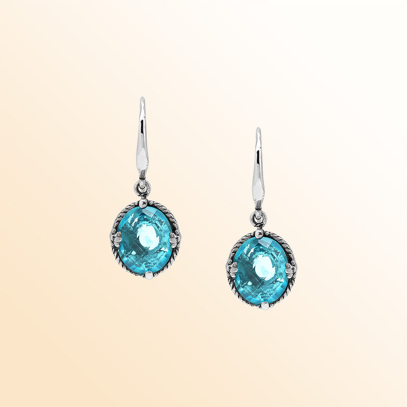 Sterling Silver Blue Topaz Quartz Oval Ocean Radiance Earrings With Balinese Handcrafted Detailing.