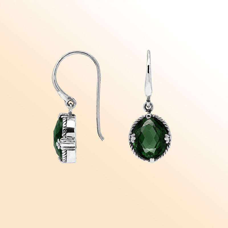 Vintage sterling silver Green Quartz oval-cut dangle earrings with handcrafted Balinese detailing