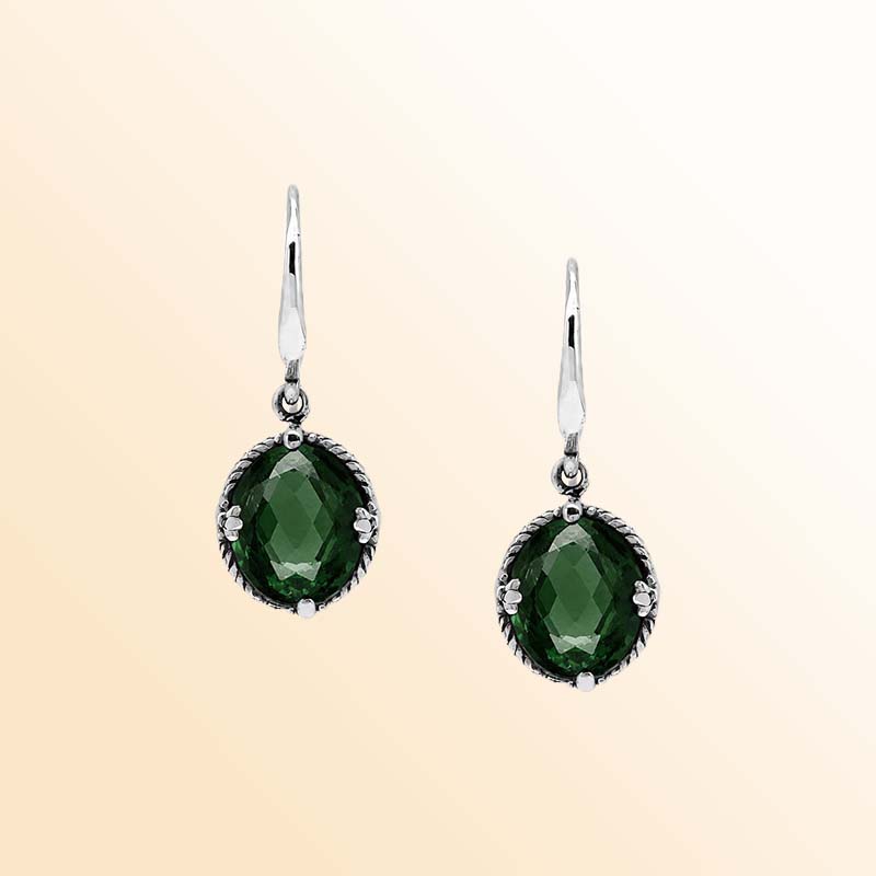 Vintage sterling silver Green Quartz oval-cut dangle earrings with handcrafted Balinese detailing