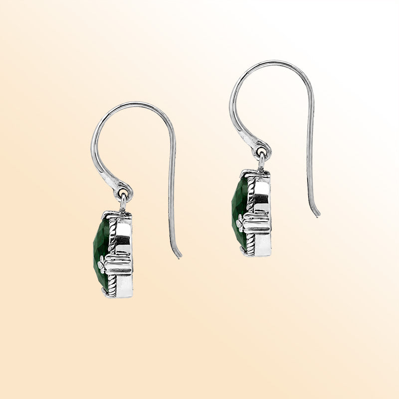 Vintage sterling silver Green Quartz oval-cut dangle earrings with handcrafted Balinese detailing