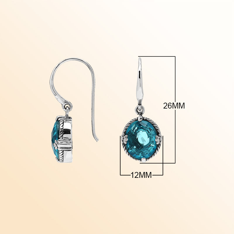 Sterling Silver London Blue Topaz Quartz Oval Deep Ocean Radiance Earrings With Balinese Handcrafted Detailing.
