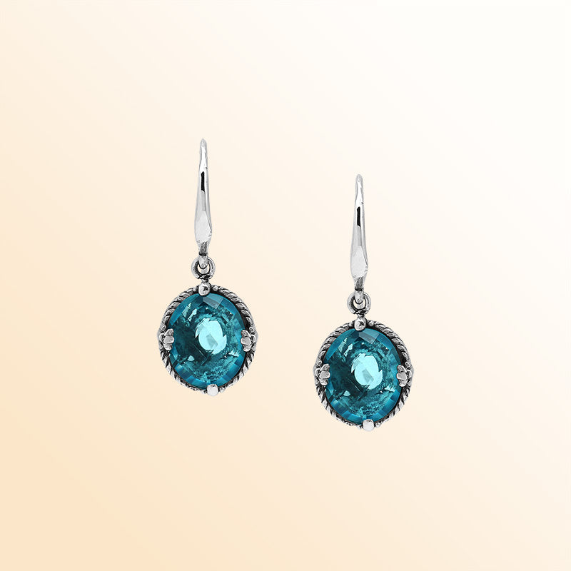 Sterling Silver London Blue Topaz Quartz Oval Deep Ocean Radiance Earrings With Balinese Handcrafted Detailing.