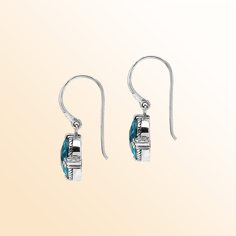 Sterling Silver London Blue Topaz Quartz Oval Deep Ocean Radiance Earrings With Balinese Handcrafted Detailing.
