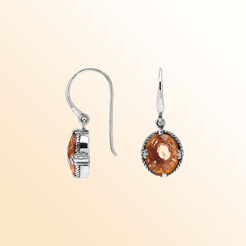 Sterling Silver Morganite Quartz Oval Sunset Radiance Earrings With Balinese Handcrafted Detailing.