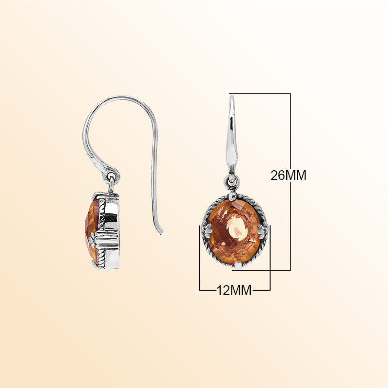 Sterling Silver Morganite Quartz Oval Sunset Radiance Earrings With Balinese Handcrafted Detailing.