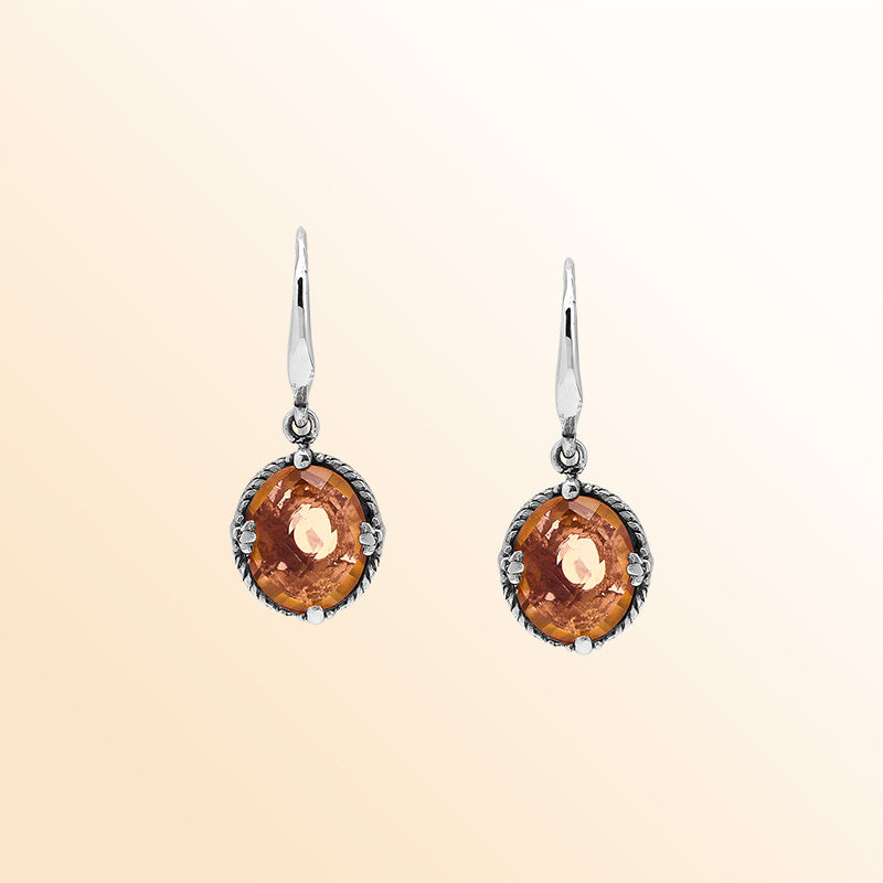 Sterling Silver Morganite Quartz Oval Sunset Radiance Earrings With Balinese Handcrafted Detailing.
