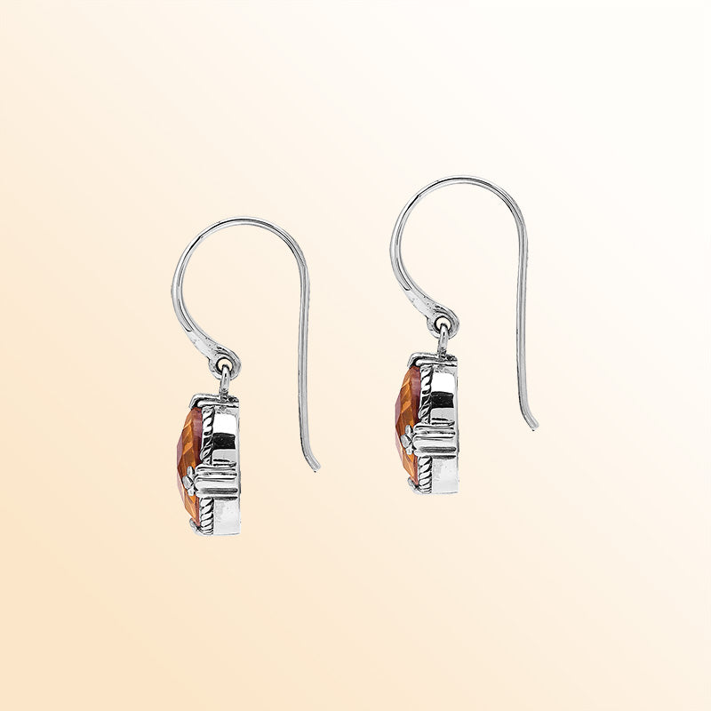 Sterling Silver Morganite Quartz Oval Sunset Radiance Earrings With Balinese Handcrafted Detailing.