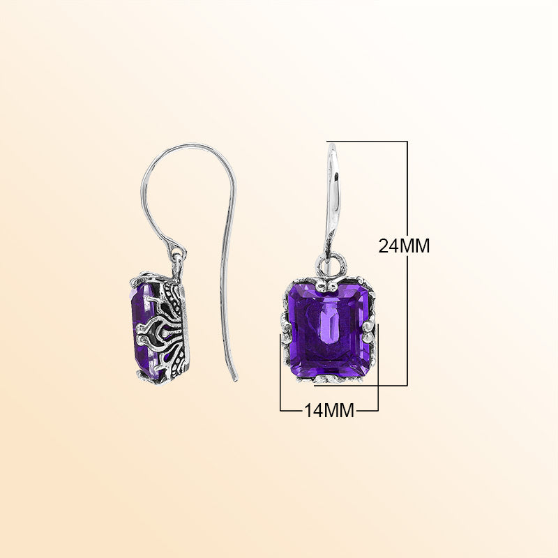 Sterling Silver Vintage Drop Earrings With Emerald-Cut Amethyst Quartz And Handcrafted Balinese Detailing