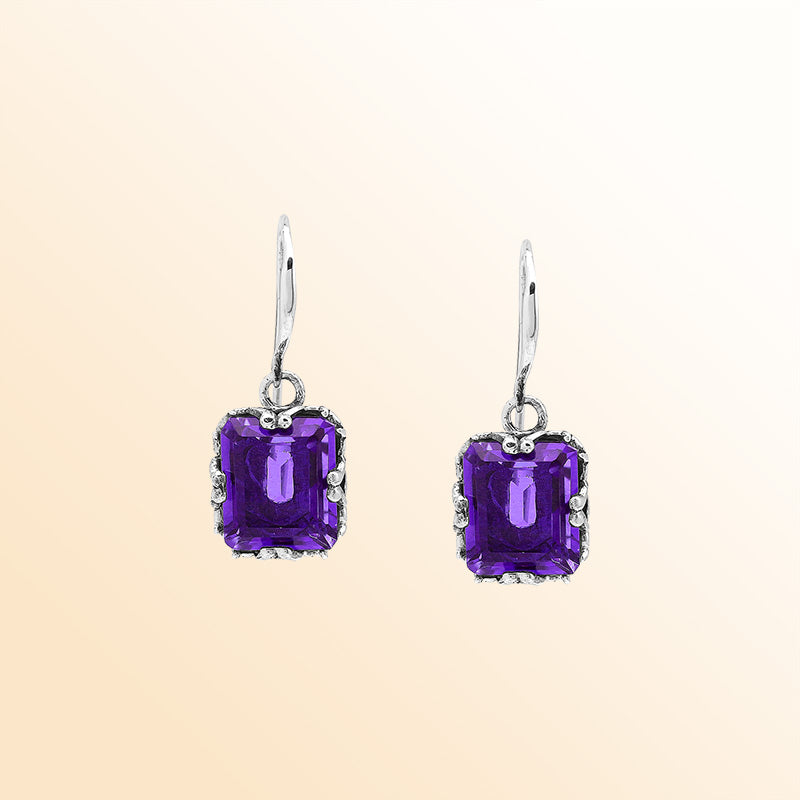 Sterling Silver Vintage Drop Earrings With Emerald-Cut Amethyst Quartz And Handcrafted Balinese Detailing