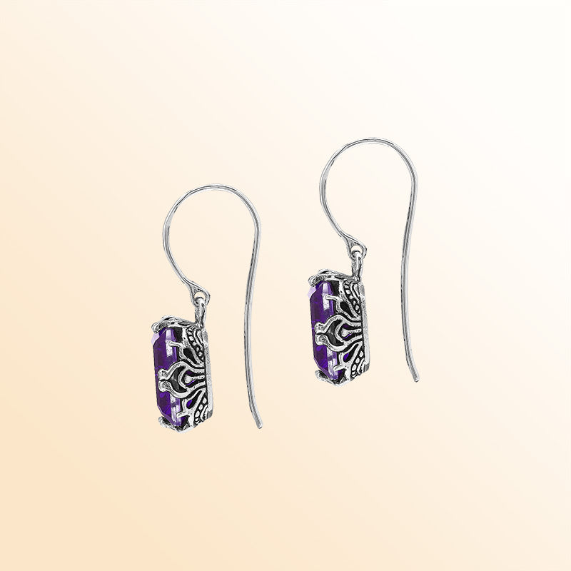 Sterling Silver Vintage Drop Earrings With Emerald-Cut Amethyst Quartz And Handcrafted Balinese Detailing