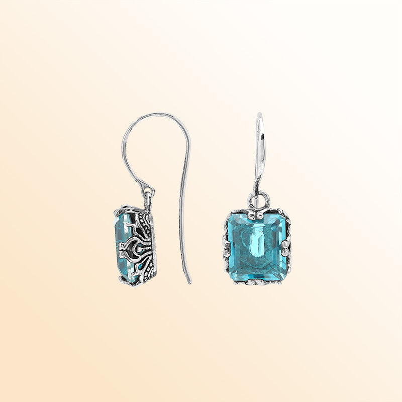 Sterling Silver Vintage Drop Earrings With Blue Topaz Quartz And Handcrafted Balinese Detailing