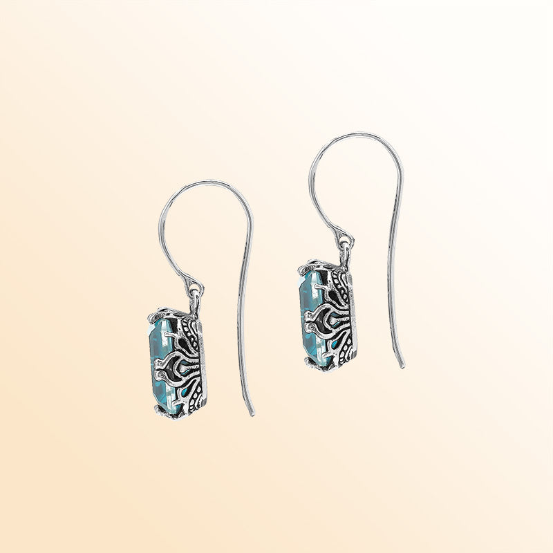 Sterling Silver Vintage Drop Earrings With Blue Topaz Quartz And Handcrafted Balinese Detailing