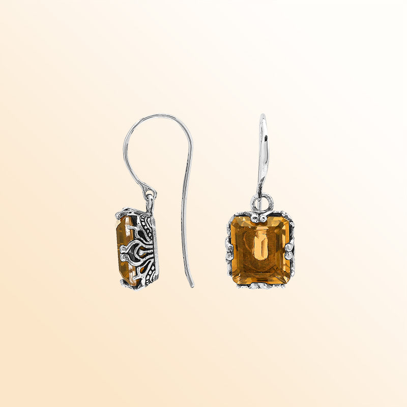 Sterling Silver Vintage Drop Earrings With Citrine Quartz And Handcrafted Balinese Detailing