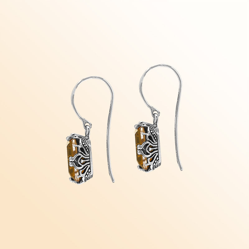 Sterling Silver Vintage Drop Earrings With Citrine Quartz And Handcrafted Balinese Detailing