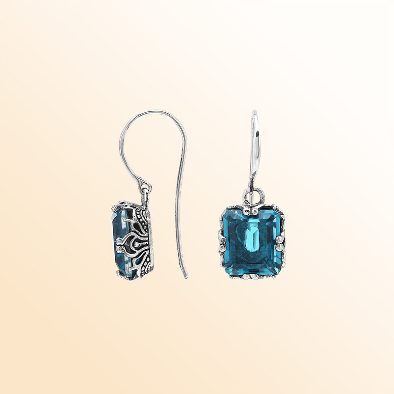 Sterling Silver Vintage Drop Earrings With London Blue Topaz Quartz And Handcrafted Balinese Detailing