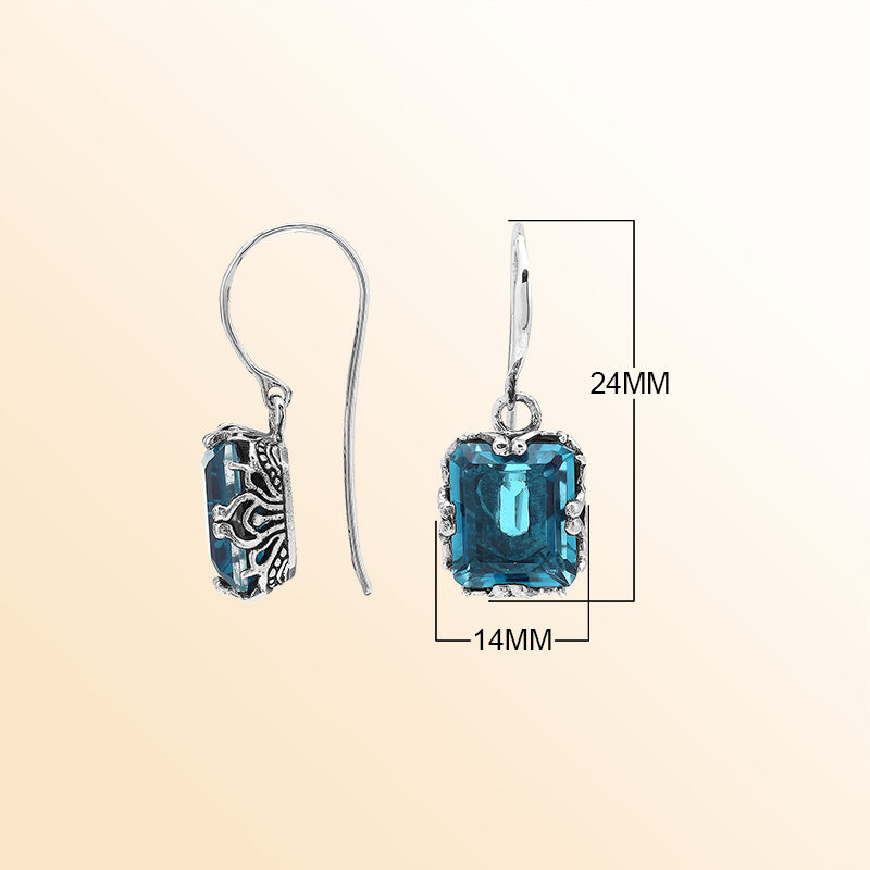 Sterling Silver Vintage Drop Earrings With London Blue Topaz Quartz And Handcrafted Balinese Detailing