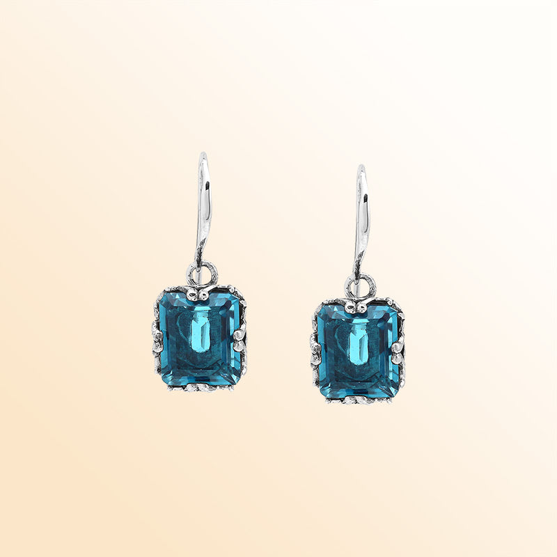 Sterling Silver Vintage Drop Earrings With London Blue Topaz Quartz And Handcrafted Balinese Detailing