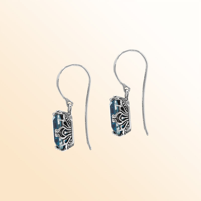 Sterling Silver Vintage Drop Earrings With London Blue Topaz Quartz And Handcrafted Balinese Detailing