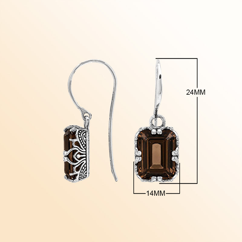 Vintage sterling silver Smokey Quartz dangle earrings with handcrafted Balinese artisan detailing