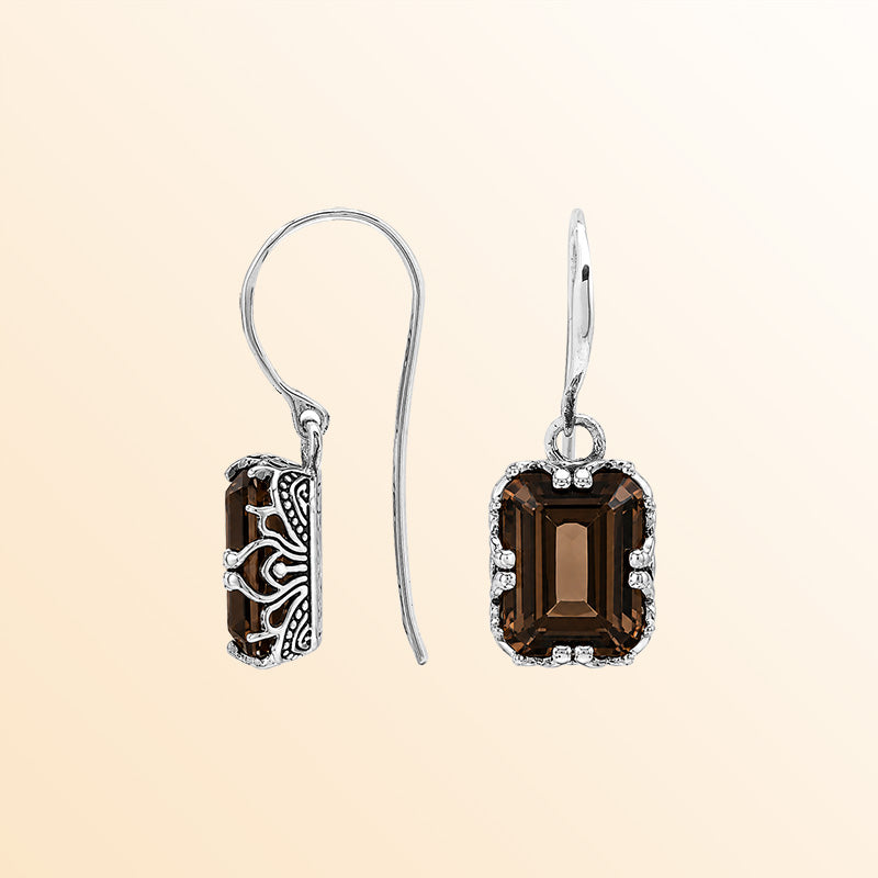 Vintage sterling silver Smokey Quartz dangle earrings with handcrafted Balinese artisan detailing