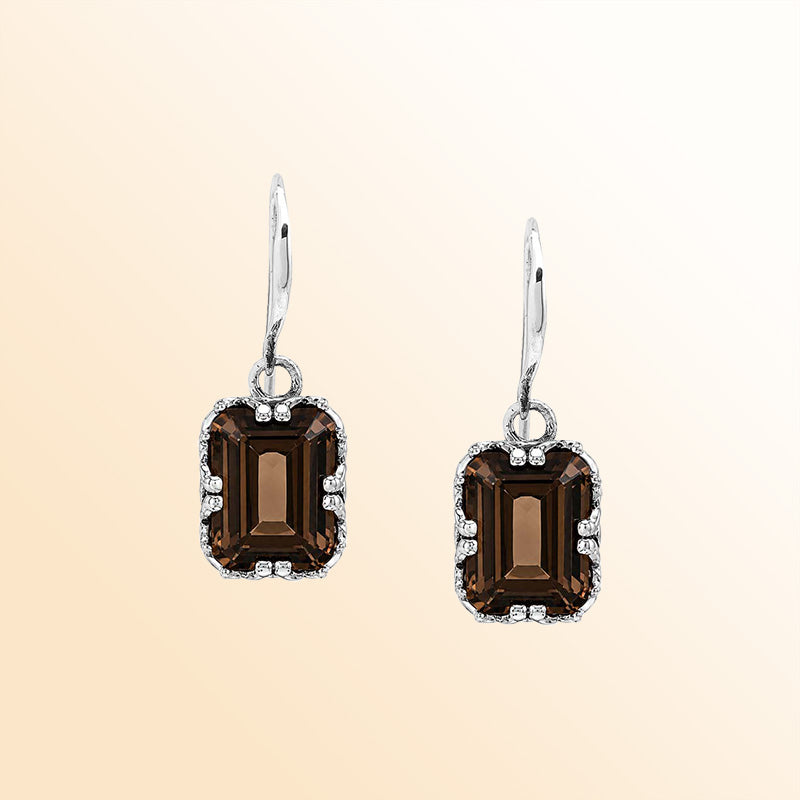 Vintage sterling silver Smokey Quartz dangle earrings with handcrafted Balinese artisan detailing