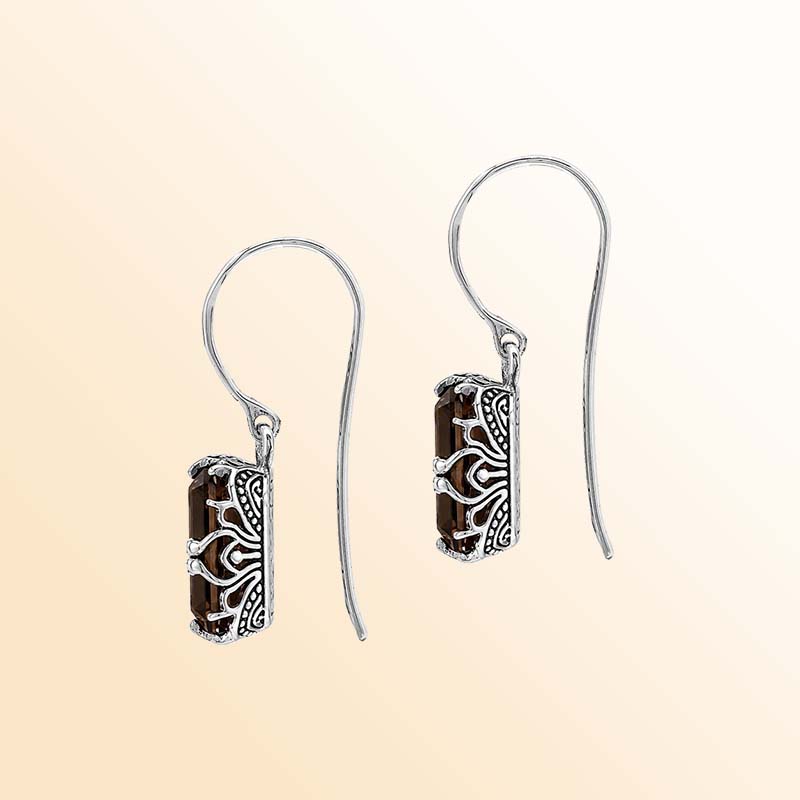 Vintage sterling silver Smokey Quartz dangle earrings with handcrafted Balinese artisan detailing
