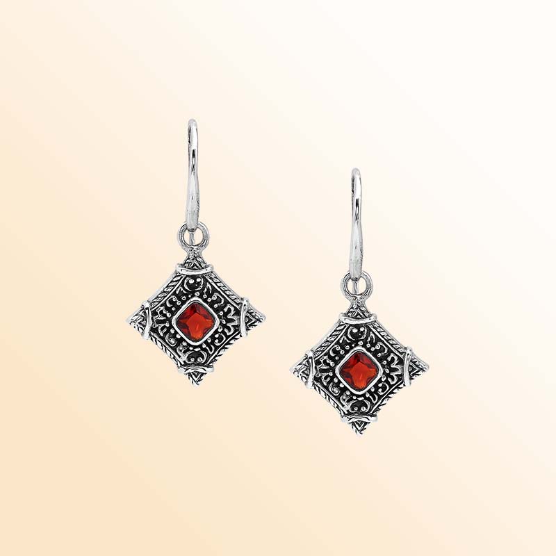 Handcrafted sterling silver Garnet Quartz earrings with decorative Balinese filigree details