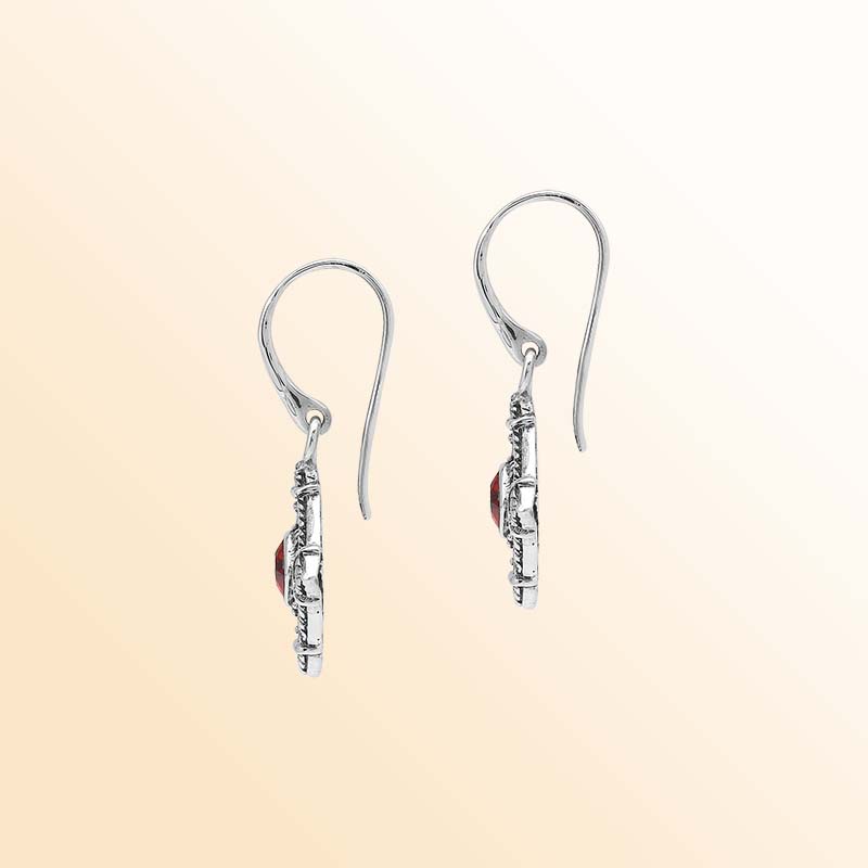 Handcrafted sterling silver Garnet Quartz earrings with decorative Balinese filigree details