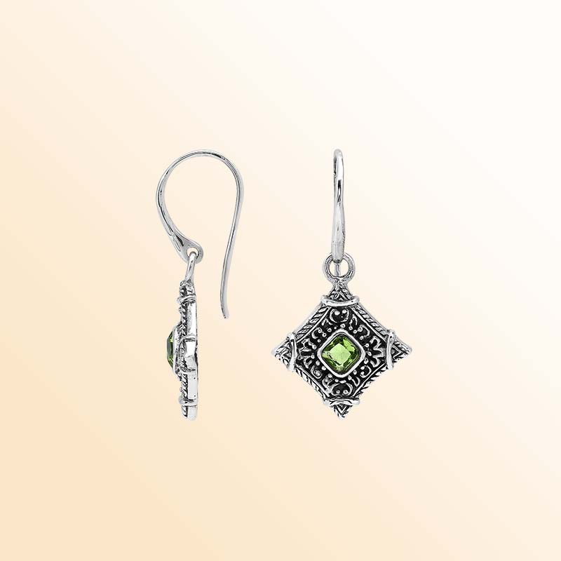 Handcrafted sterling silver Peridot Quartz earrings with decorative vintage-inspired filigree