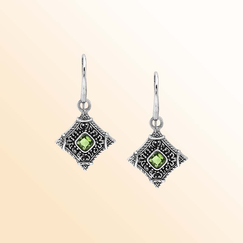 Handcrafted sterling silver Peridot Quartz earrings with decorative vintage-inspired filigree