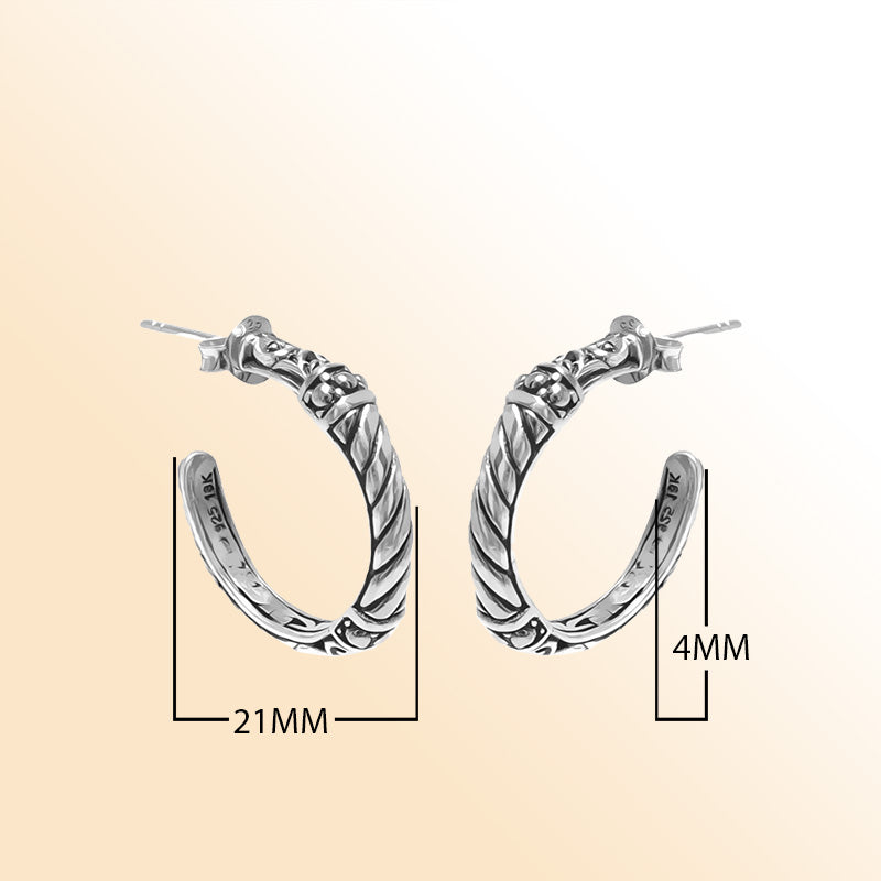 Sterling Silver Twisted Rope Half-Hoop Earrings With Oxidized Balinese Detailing