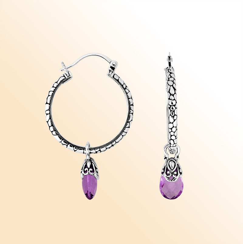 Sterling Silver Teardrop Amethyst Quartz Dangle Hoop Earrings With Balinese Vintage Detailing