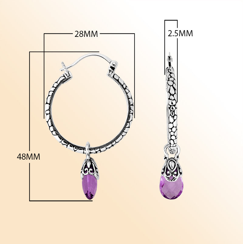 Sterling Silver Teardrop Amethyst Quartz Dangle Hoop Earrings With Balinese Vintage Detailing