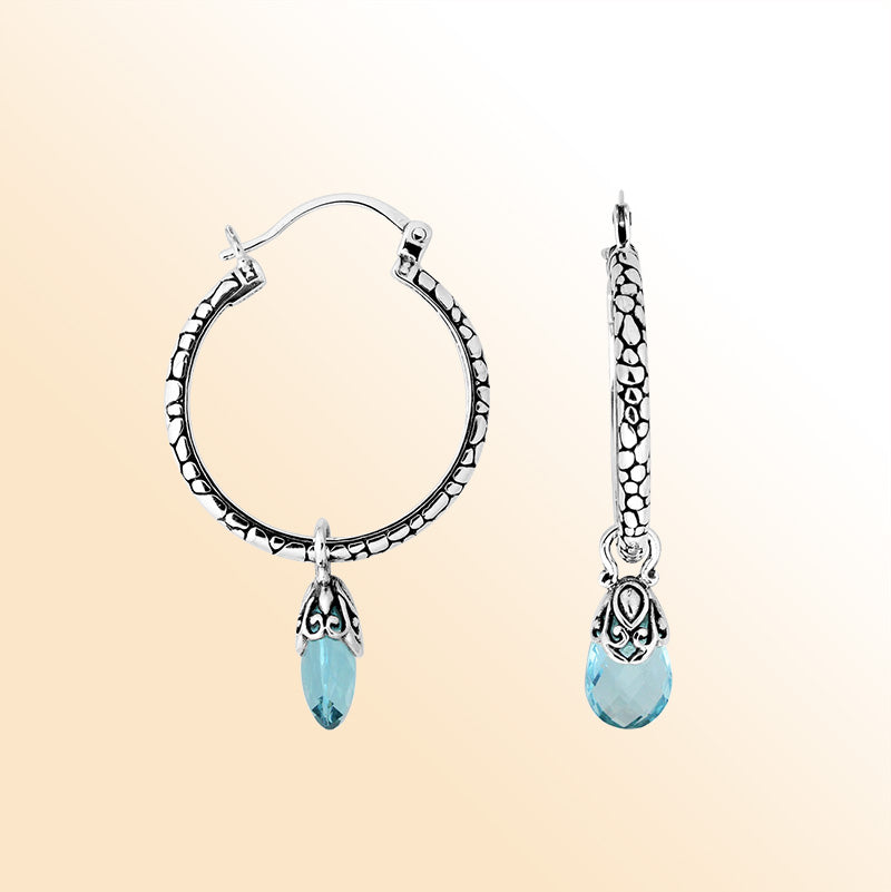 Sterling Silver Blue Topaz Quartz Teardrop Dangle Hoop Earrings With Balinese Artistic Detailing