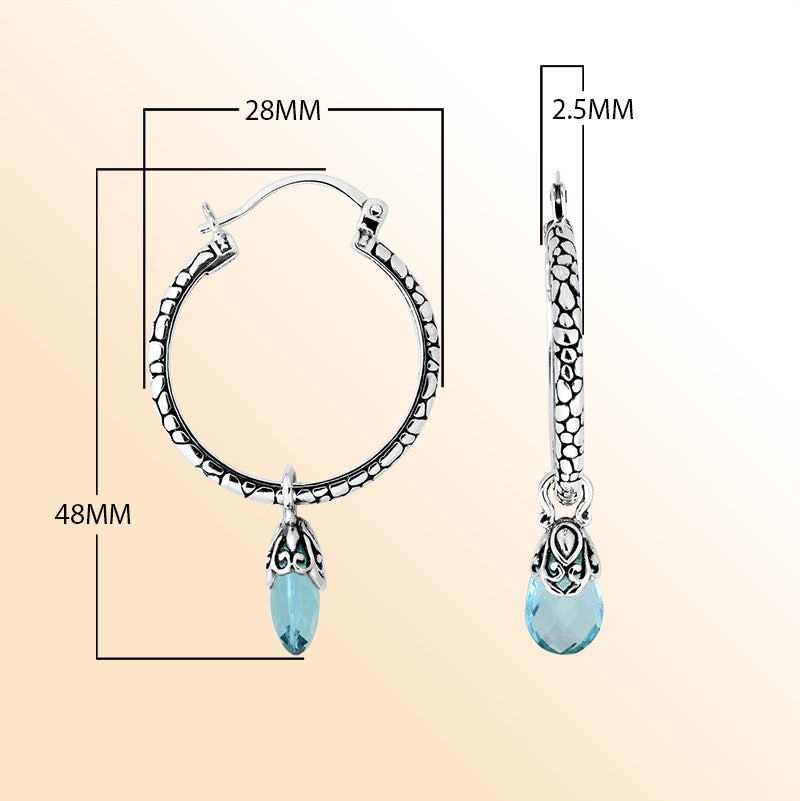 Sterling Silver Blue Topaz Quartz Teardrop Dangle Hoop Earrings With Balinese Artistic Detailing