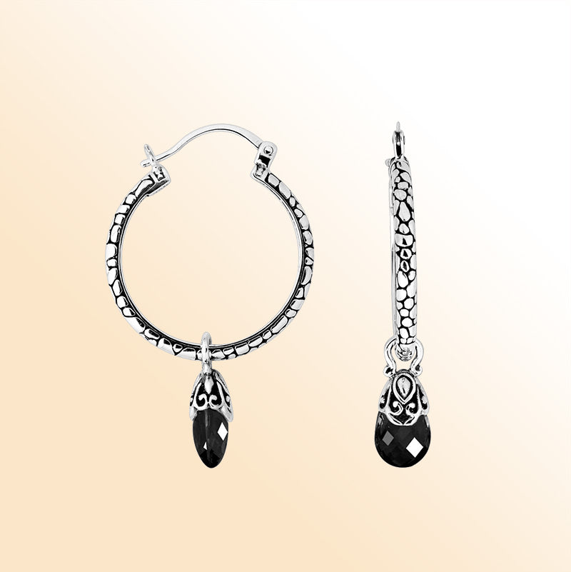 Sterling silver Black Onyx hoop earrings with faceted drop and Balinese handicraft design handcrafted in Bali