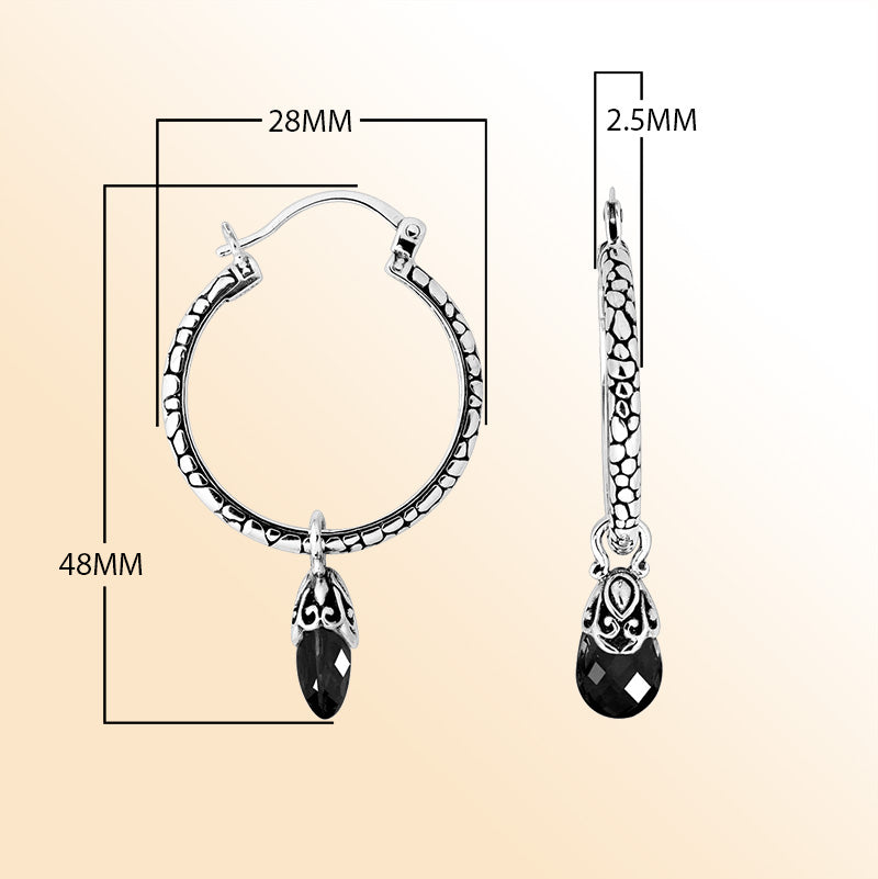 Sterling silver Black Onyx hoop earrings with faceted drop and Balinese handicraft design handcrafted in Bali