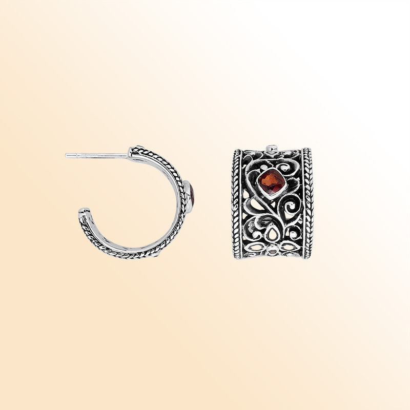 Sterling Silver Garnet Quartz Filigree Half-Hoop Earrings With Ornate Balinese Detailing
